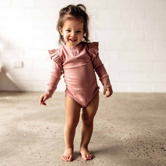 Organic Ruffle Sleeve Ribbed Baby Bodysuit - Rose