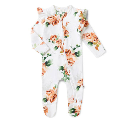 Organic Ruffle Sleeve Zip Footed Baby Sleeper - Rosebud