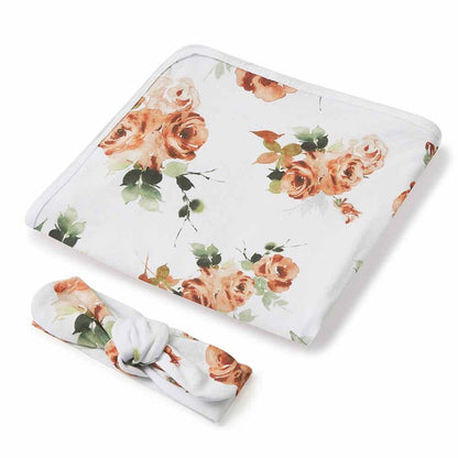 Organic Baby Swaddle & Bow Set - Rosebud