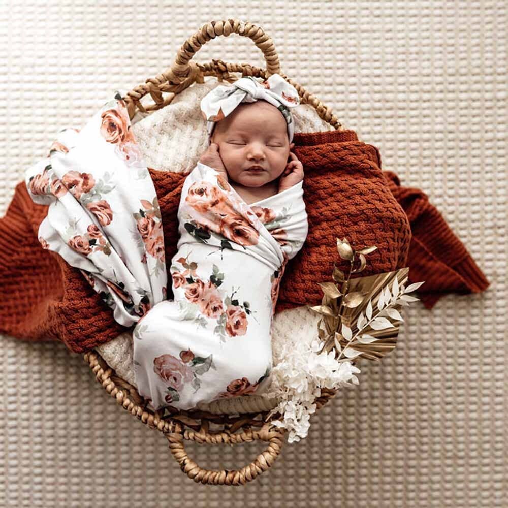 Organic Baby Swaddle & Bow Set - Rosebud