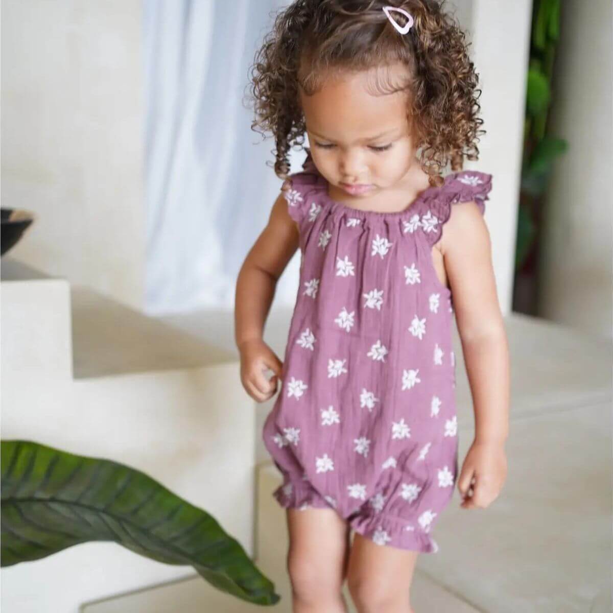 Caliope Organic Floral Baby Romper with Embroidery - Mulberry Front View on Model