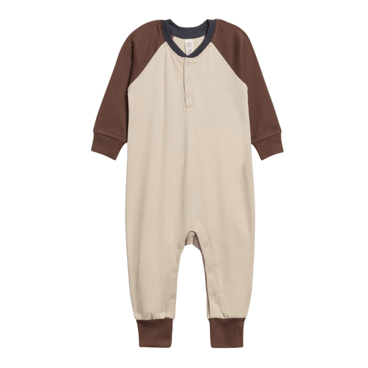 Organic Baby Brix Henley Romper - Oat / Chestnut