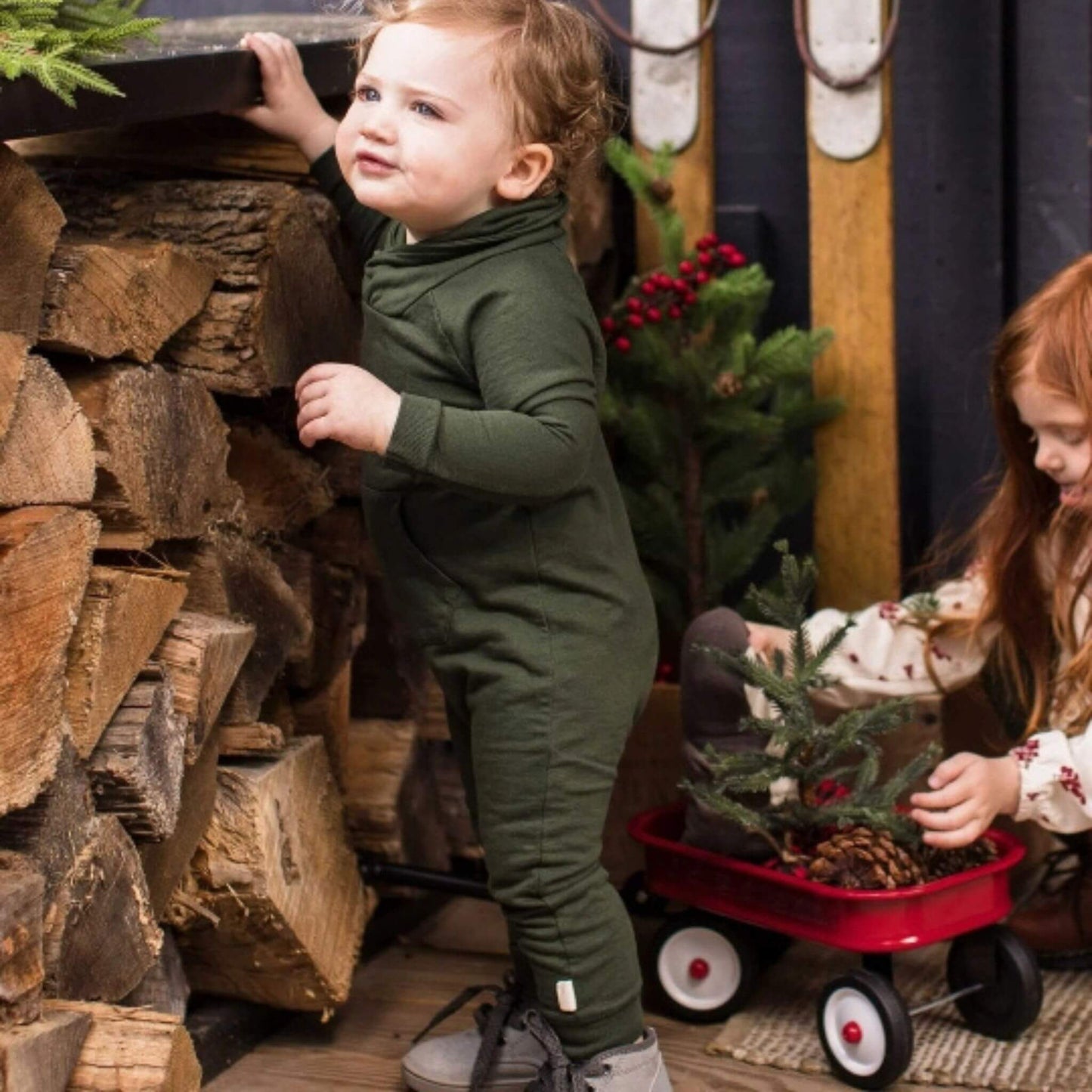 Organic Baby Shawl Collar Jumpsuit - Pine Green