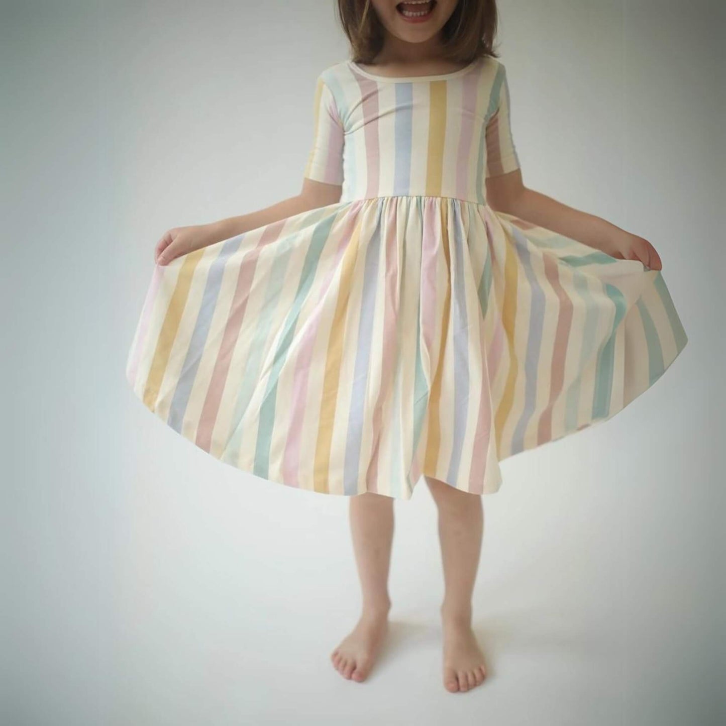 Organic Cotton Short Sleeve Twirl Dress - Pastel Stripes