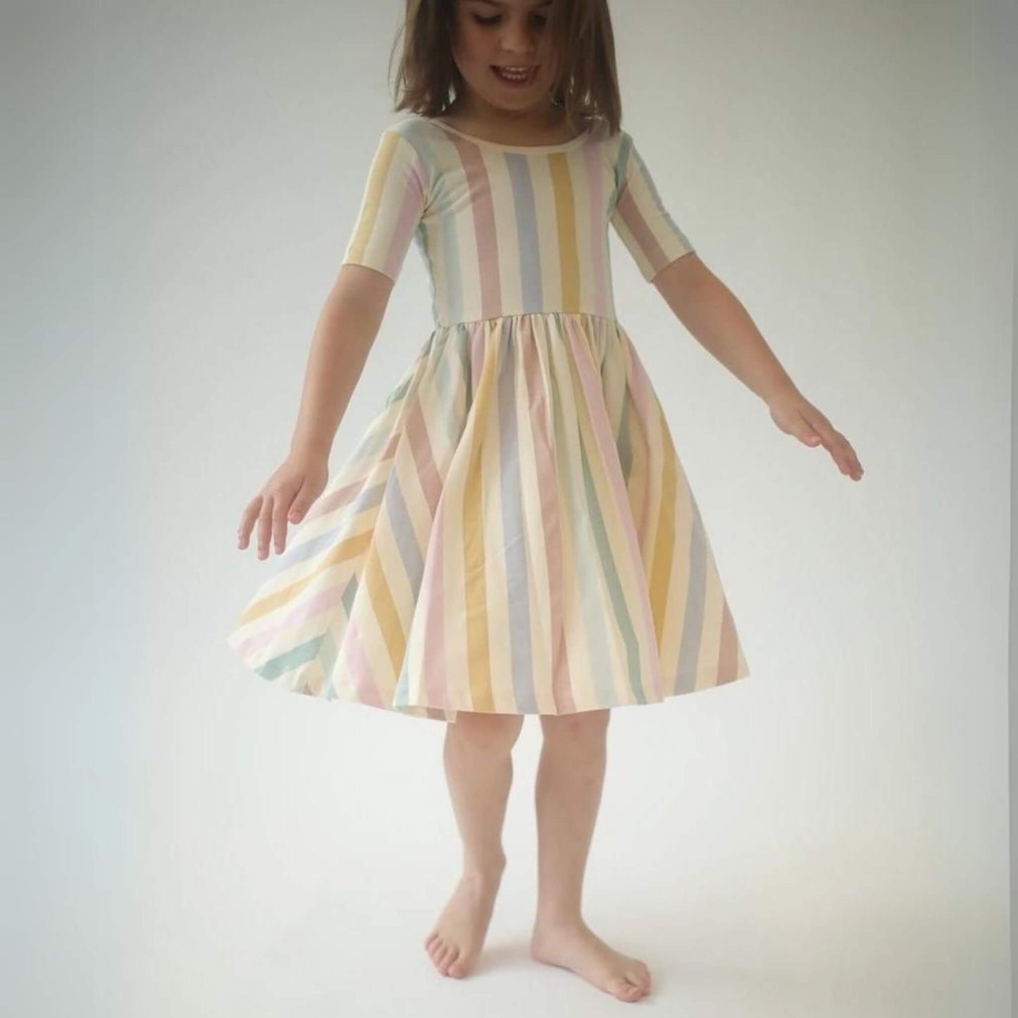 Organic Cotton Short Sleeve Twirl Dress - Pastel Stripes