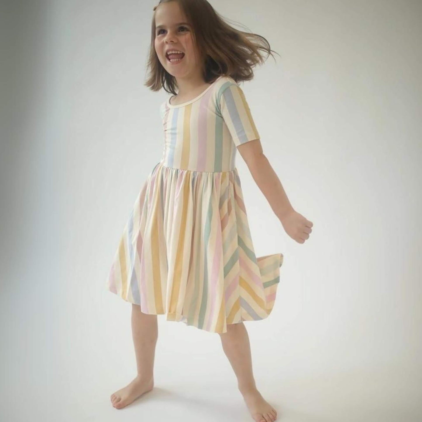 Organic Cotton Short Sleeve Twirl Dress - Pastel Stripes