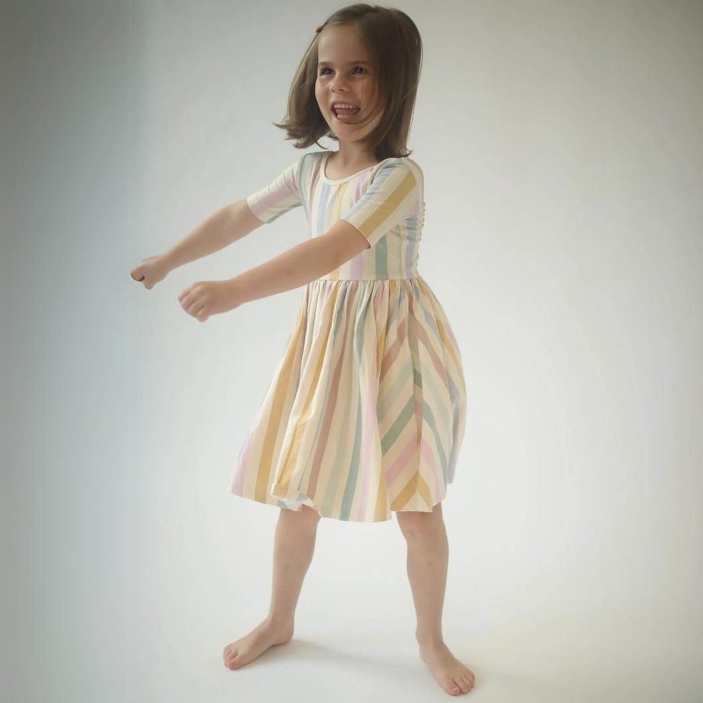 Organic Cotton Short Sleeve Twirl Dress - Pastel Stripes