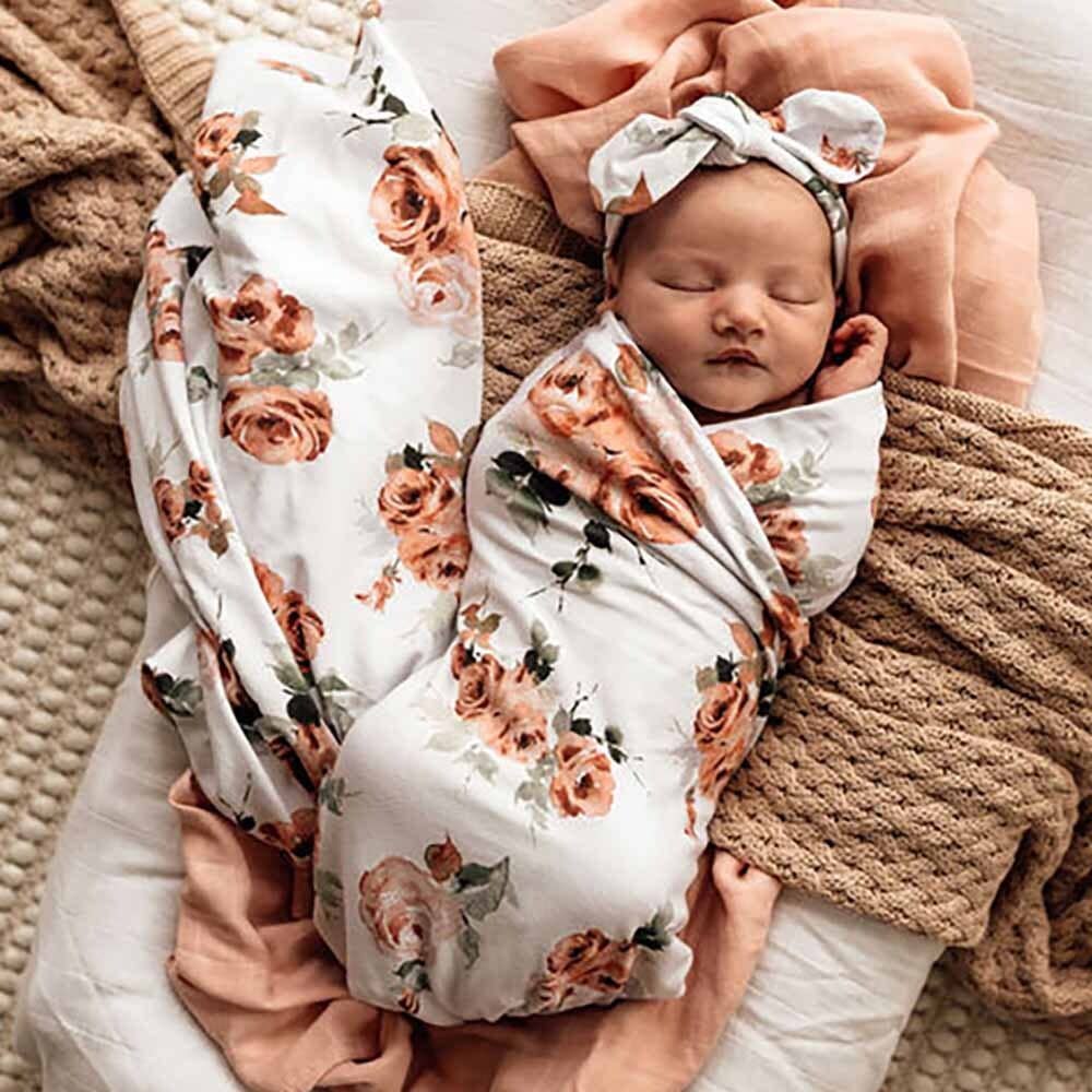 Organic Baby Swaddle & Bow Set - Rosebud